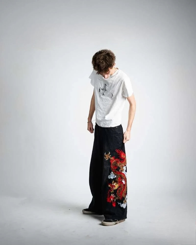Y2K baggy Jeans Dragon Graffiti Embroidery High Waist Men Women Vintage Streetwear 2000s Harajuku Casual Loose Wide Leg Jeans
