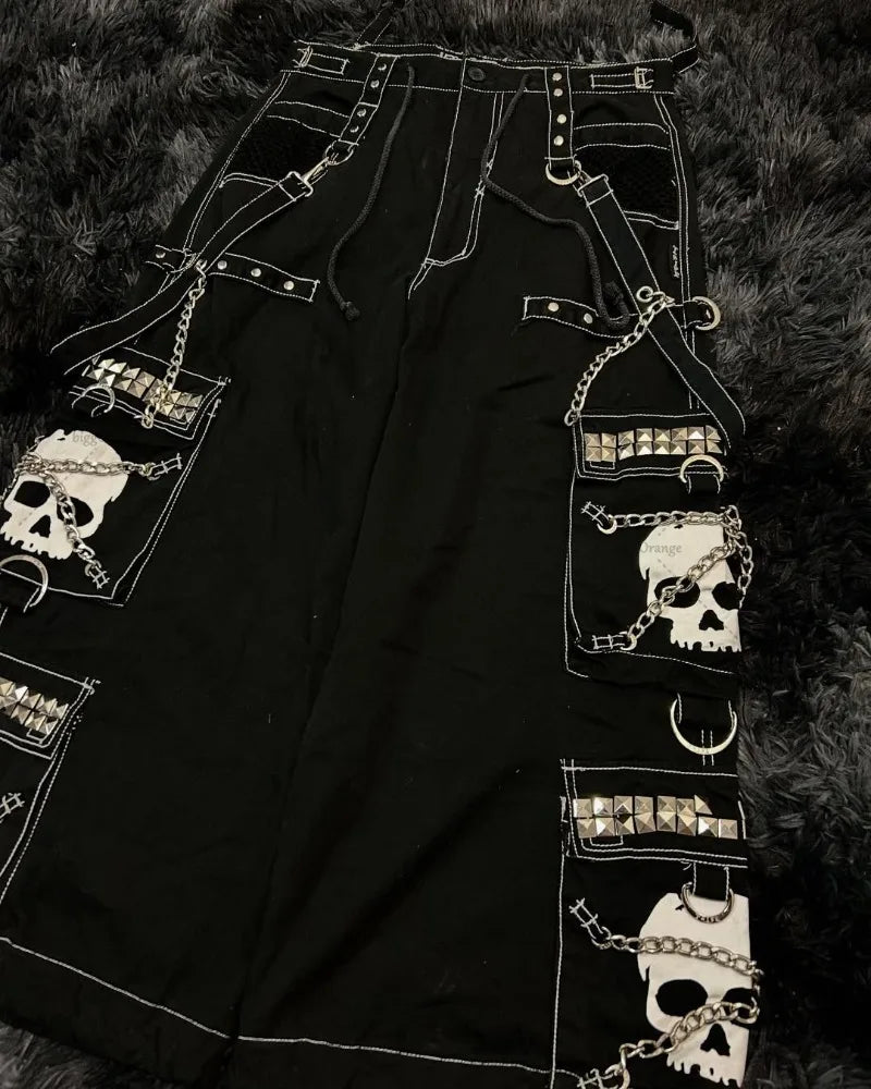Street fashion chain brand Skull Bone Design jeans retro Harajuku style men's wide leg pants street rock multi-chain loose pants