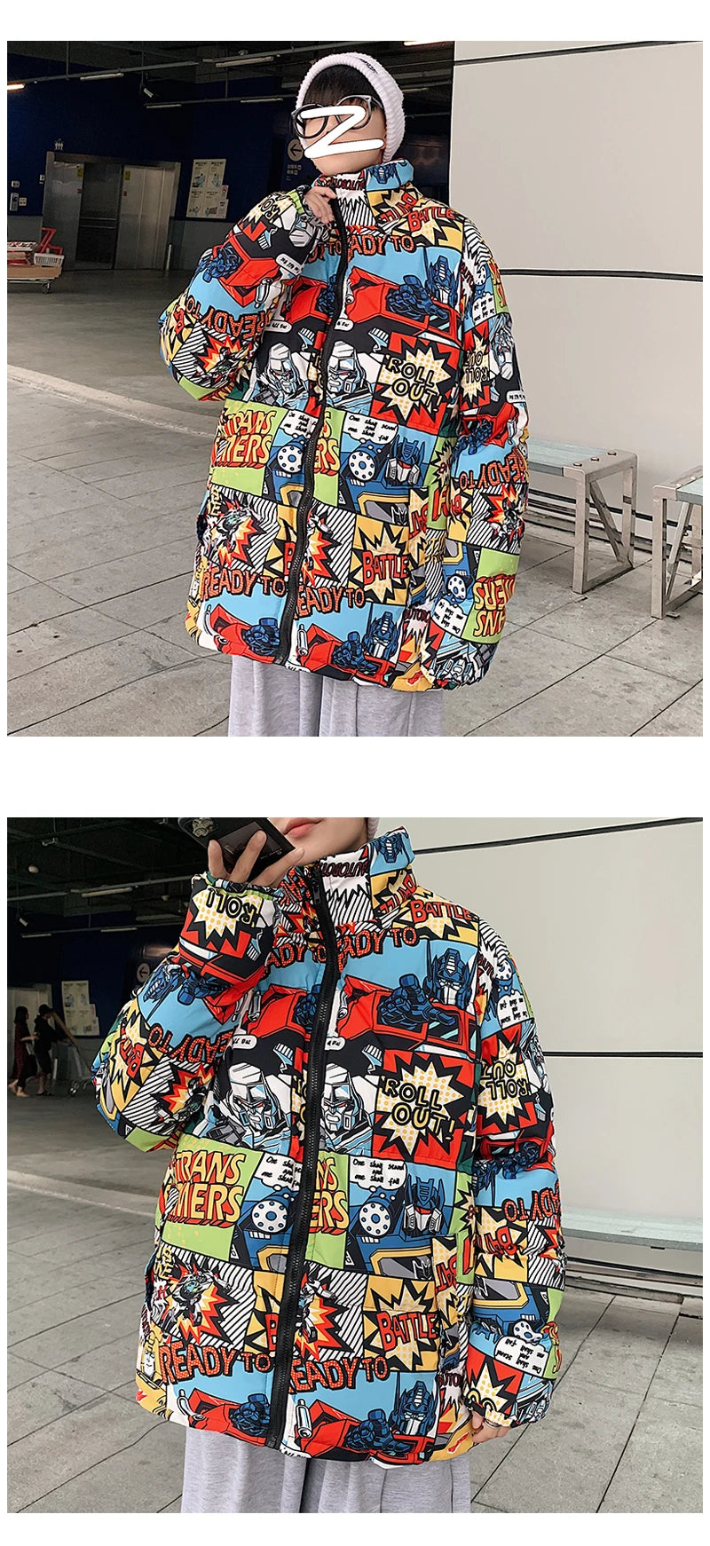 Hip Hop Graffiti Cartoon Print  Parkas Coats Men Streetwear Harajuku Mens Winter Thickend Warm Zipper Cotton Padded Jacket Women