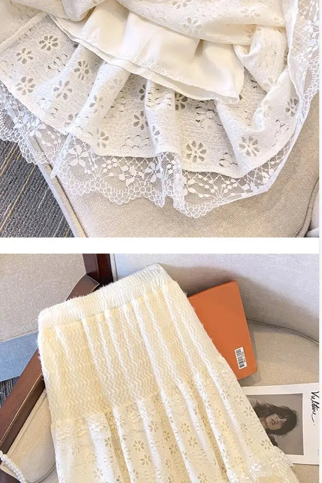 Lace Skirts Women French Style Ankle-length High Elastic Waist Hollow Out Patchwork New Loose Slim Korean  A-line Sweet Fit