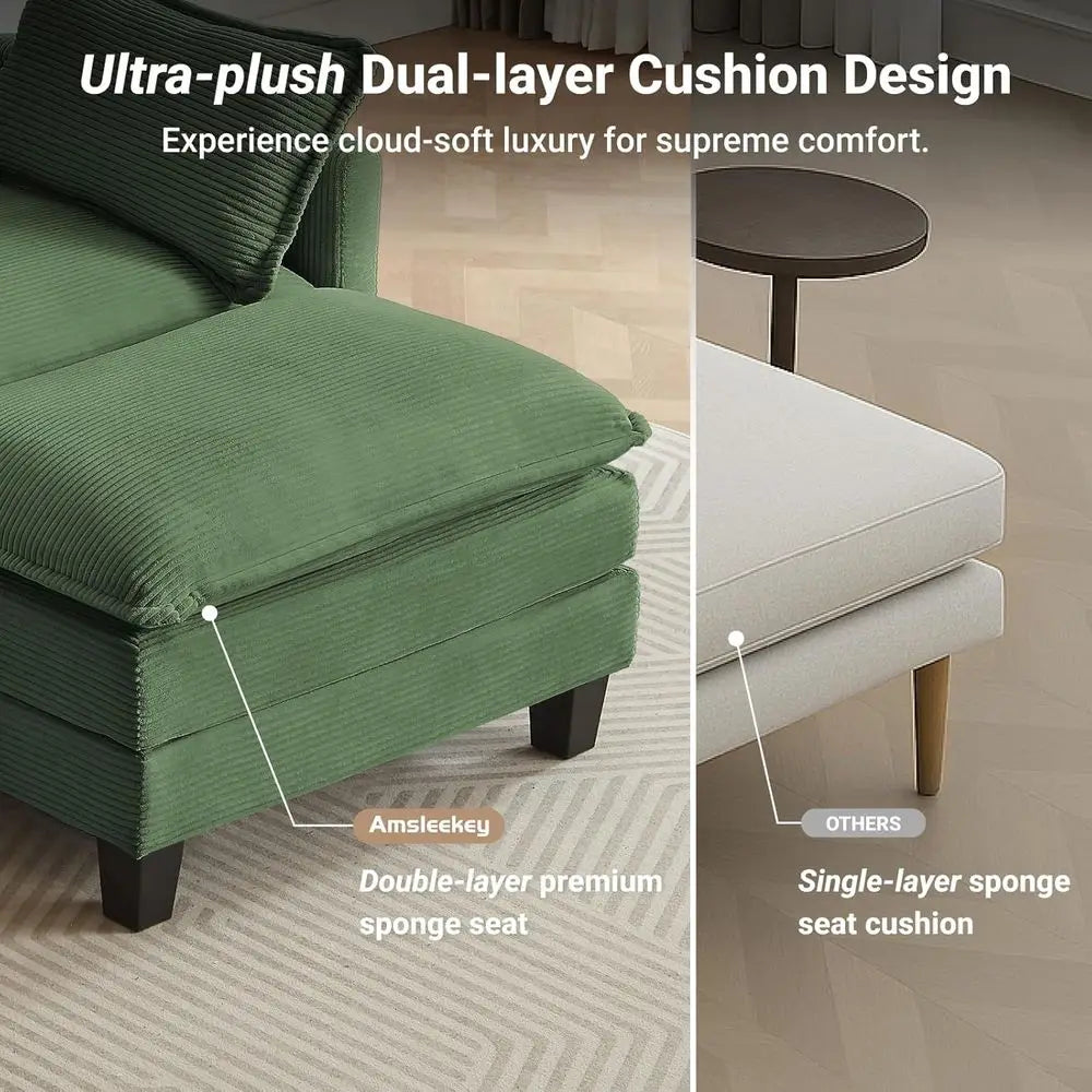 U-Shaped Corduroy 3-Seater Sofa with 2 Ottomans, Green Deep Seating Living Room Sectional