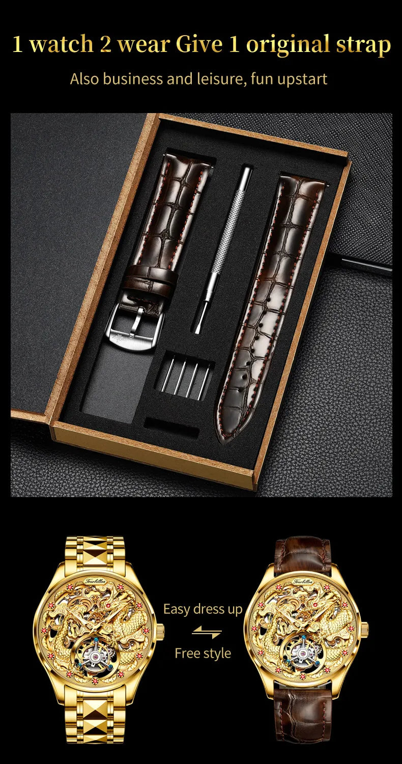 100% Golden Dragon OUPINKE 3176 True Tourbillon Watch Brand Luxury Tungsten Steel Men Automatic Mechanical Watch Reloj Hombre