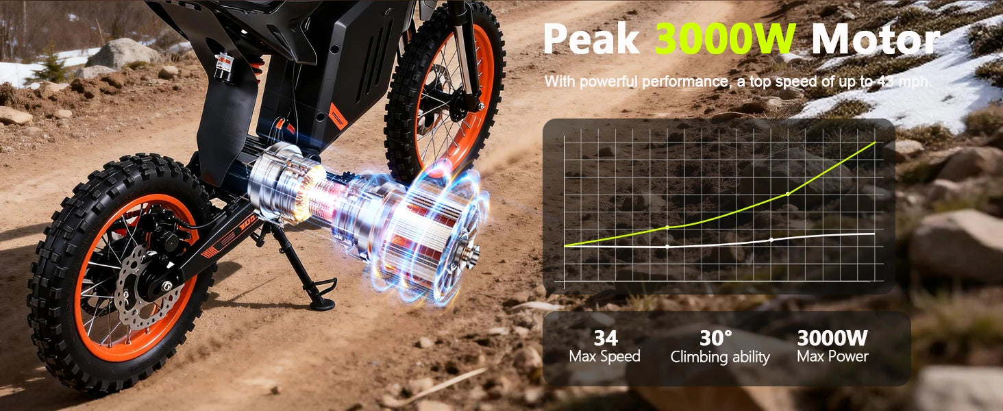 FREEBOY 3000W Electric Dirt Bike for Teens&Adults, 34mph, 48V 30Ah Battery, Off Road Electric Motorcycle with 14''/12'' Tires