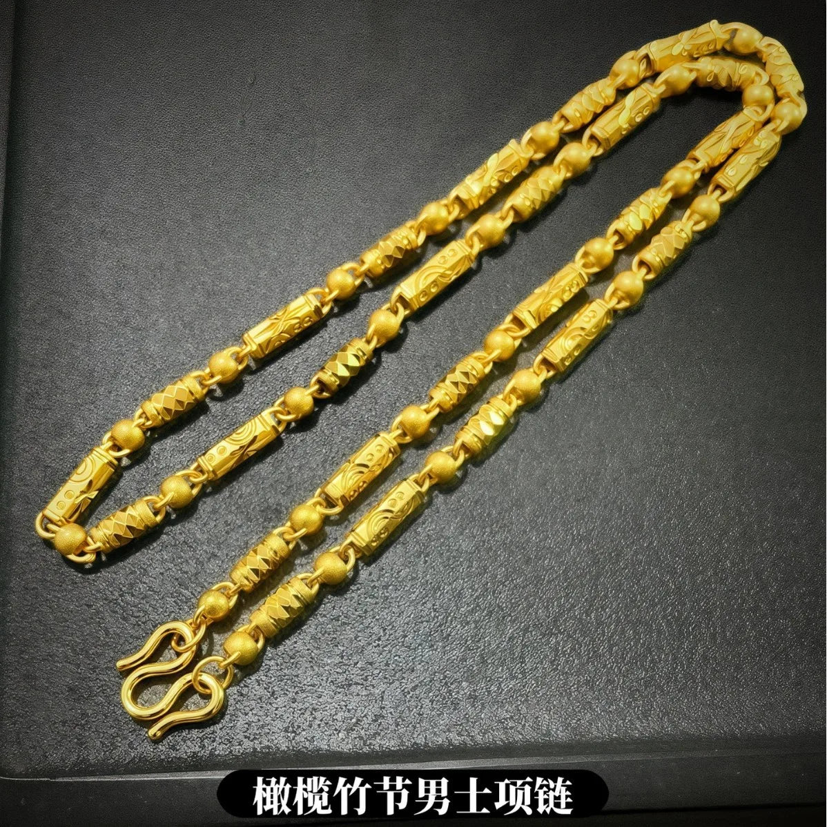 Gold store 9999 24K real gold Chinese style carving olive bamboo necklace hexagonal beads cylindrical chain men's jewelry