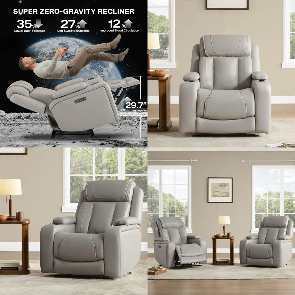 Oversized Genuine Leather Electric Recliner Chair with Power Adjustable Rest and Lumbar Support, Hidden Storage, Light Grey for