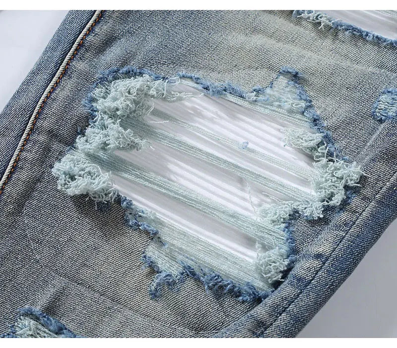 European and American designers fashion new men's jeans stretch slim fit retro light blue patchwork white patch jeans high stree