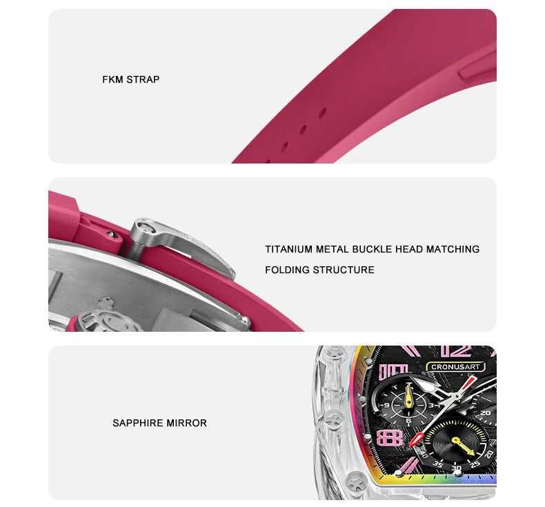 CRONUSART Men Automatic Watch 50mm Tonneau Chronograph Mechanical Wristwatch 5ATM Luminous Sapphire Case & Mirror Meteorite Dial