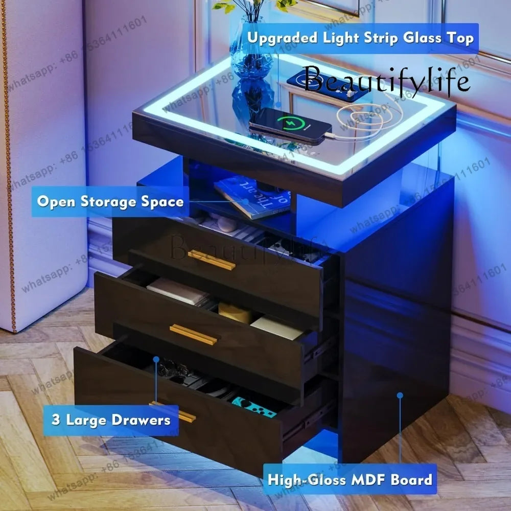 D06Modern Bedside Table 2 Set Nightstands with Wireless Charging Station, Auto Sensor 3 Color Dimmable LED Night Stand