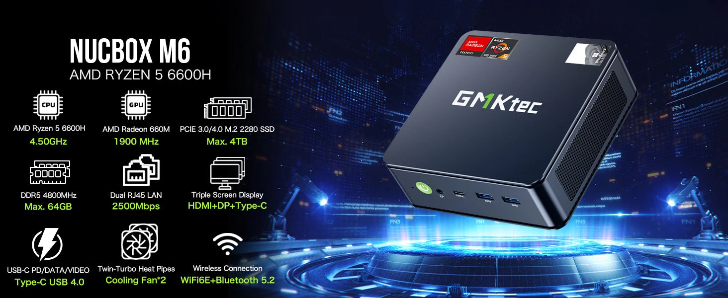 GMKtec M6 Mini PC AMD R5 6600H 6-core 12-thread Computer 16GB DDR5 512GB PCIe 3.0 SSD WiFi 6 BT5.2 Mini PC Desktop Computer