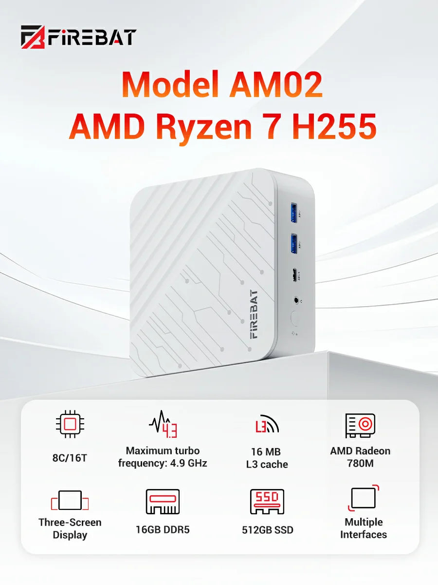 FIREBAT AM02 Mini PC AMD Ryzen 7 H255 DDR5 16GB RAM M.2 PCIe 512GB SSD WiFi6 BT5.2 1000M LAN Windows11 Desktop Computer