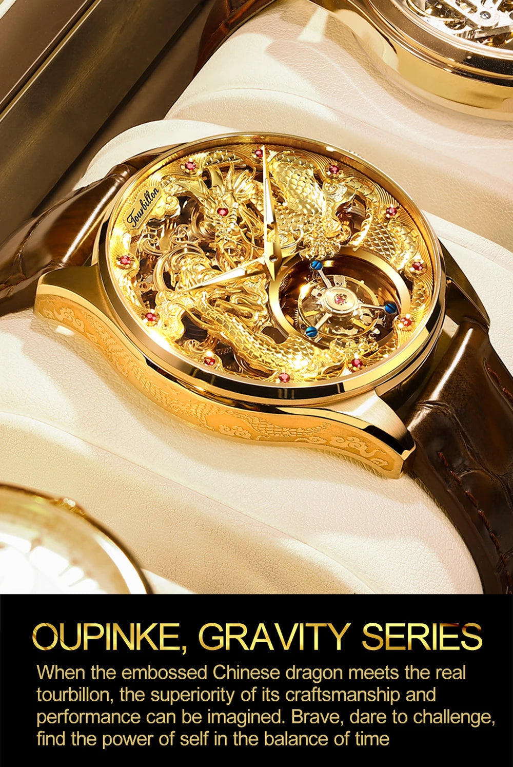 100% OUPNKE 3176 Authentic Tourbillon Men Watch Luxury 3D Relief Golden Dragon Watch Original Mature Automatic Mechanical Watch