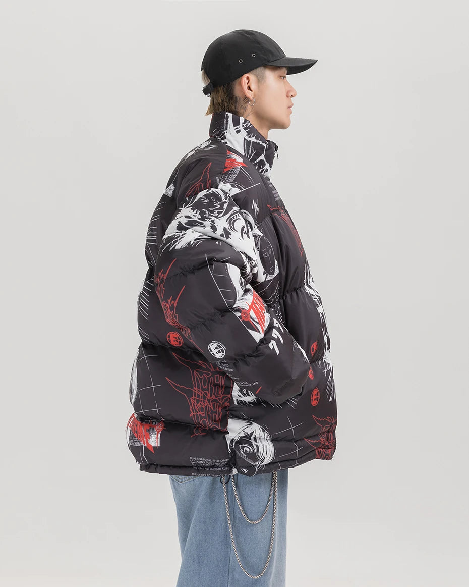 Streetwear Anime Printed Jacket Men Hip Hop Winter Parkas Coat Black Loose Puffer Padded Jackets  Y2K Oversized Bubble Coats Man