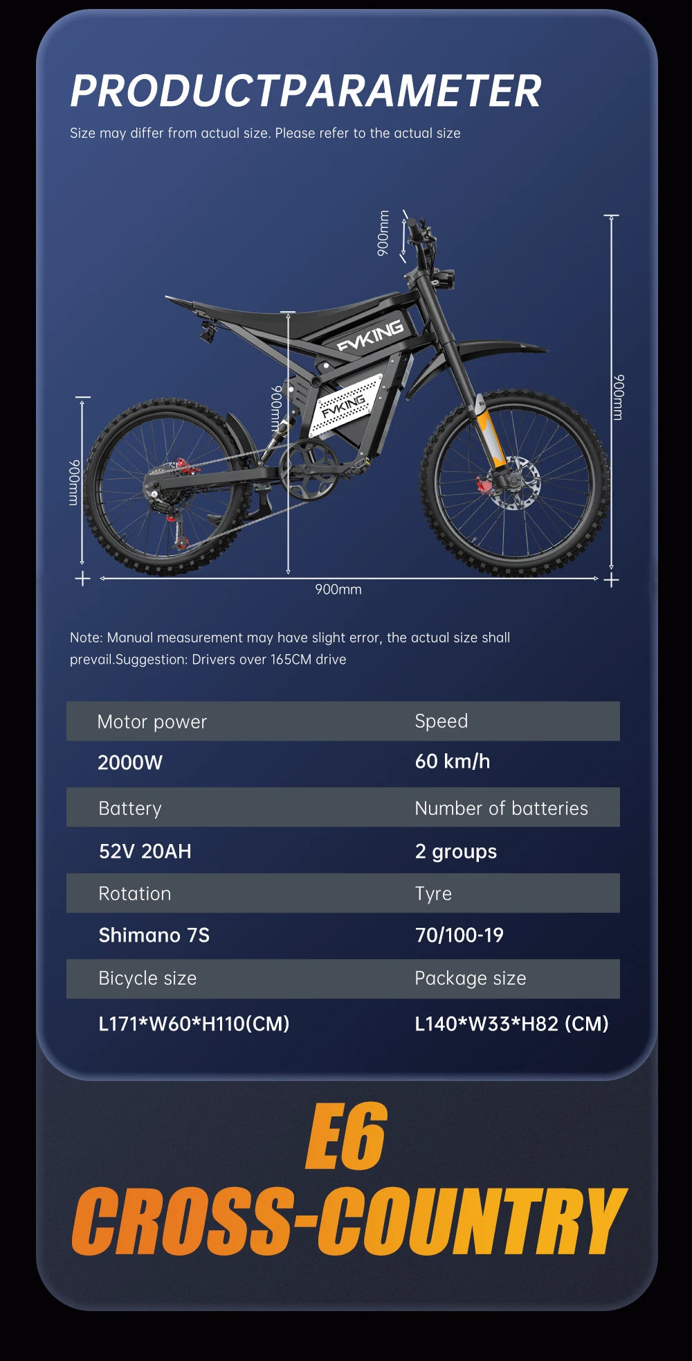 FVKING E6 Electric Bike Adults 2000W Peak Gear Hub Motors Electric Motorcycle 52V33AH Battery Speed 60Kmh Mountain E-bikes GT73
