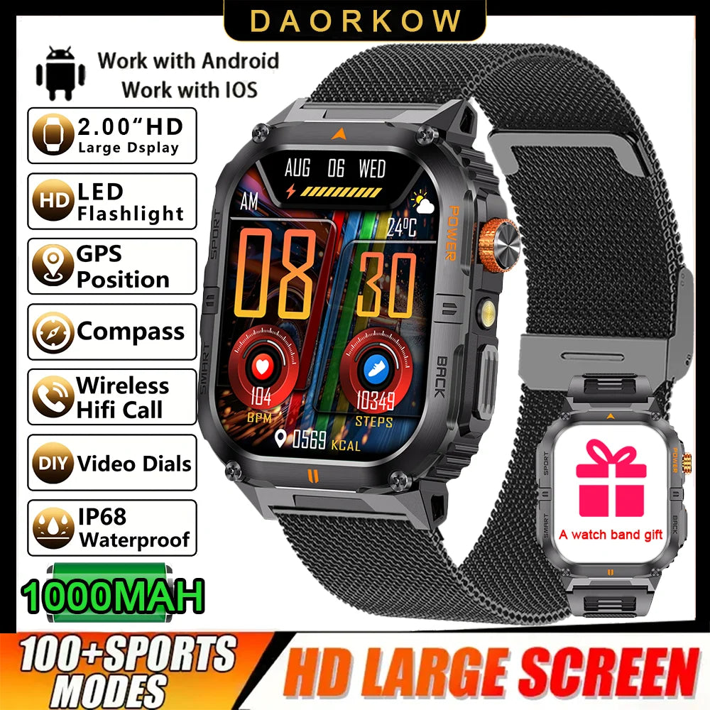 New 1000mAh military outdoor smartwatch for men, LED flashlight, IP68 waterproof, GPS sports, 2.01-inch Bluetooth call smartwatc
