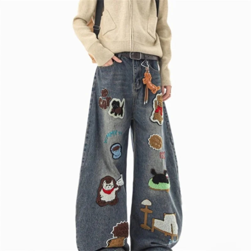 Hip Hop Cartoon Graffiti Graphic Appliques Baggy Jean Man Casual Embroidered Straight Wide-Leg Denim Pants Y2K Streetwear Jeans