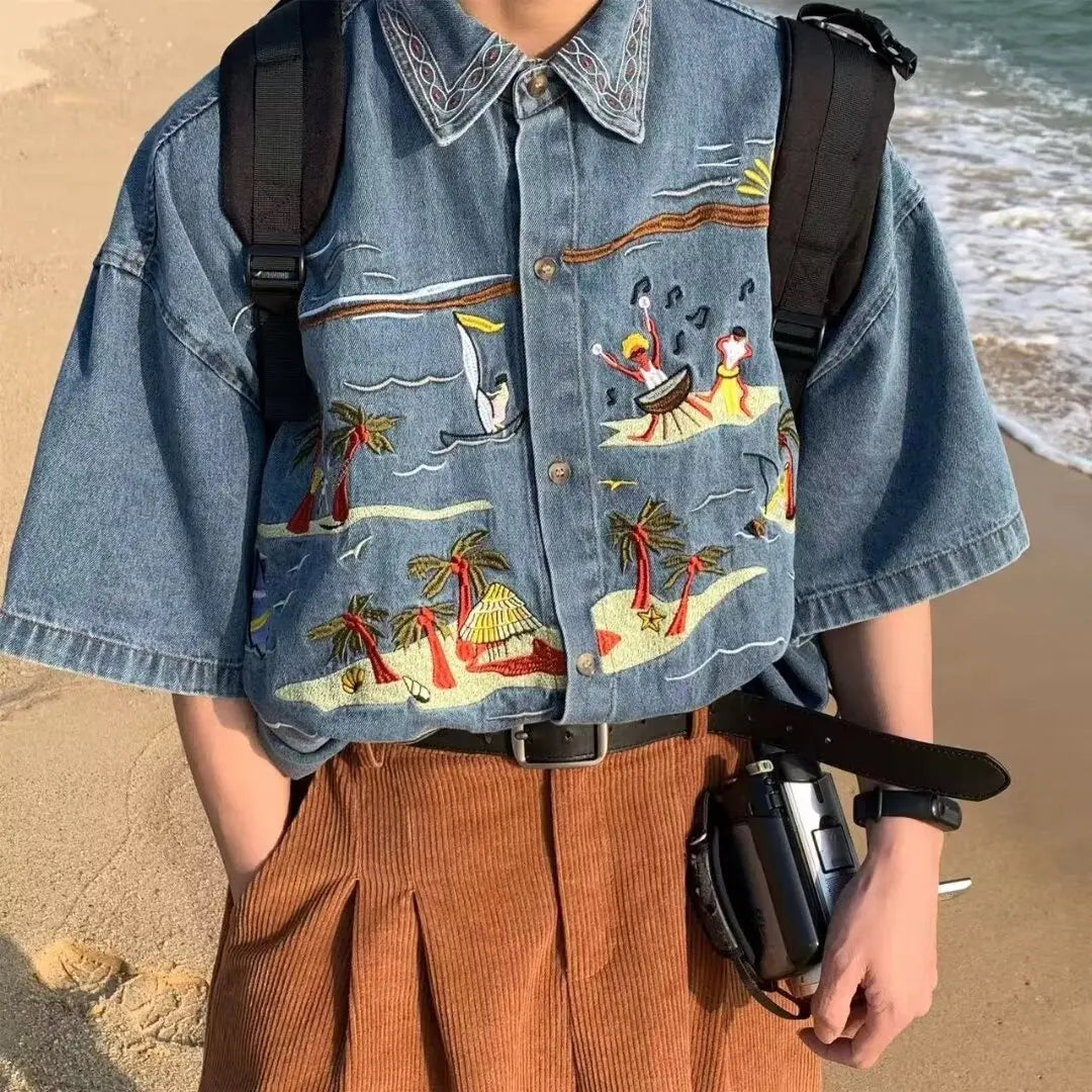 Retro American Cartoon Embroidery Denim Short Sleeve Shirt Loose Casual Summer Thin Neutral Style Men Women Outerwear