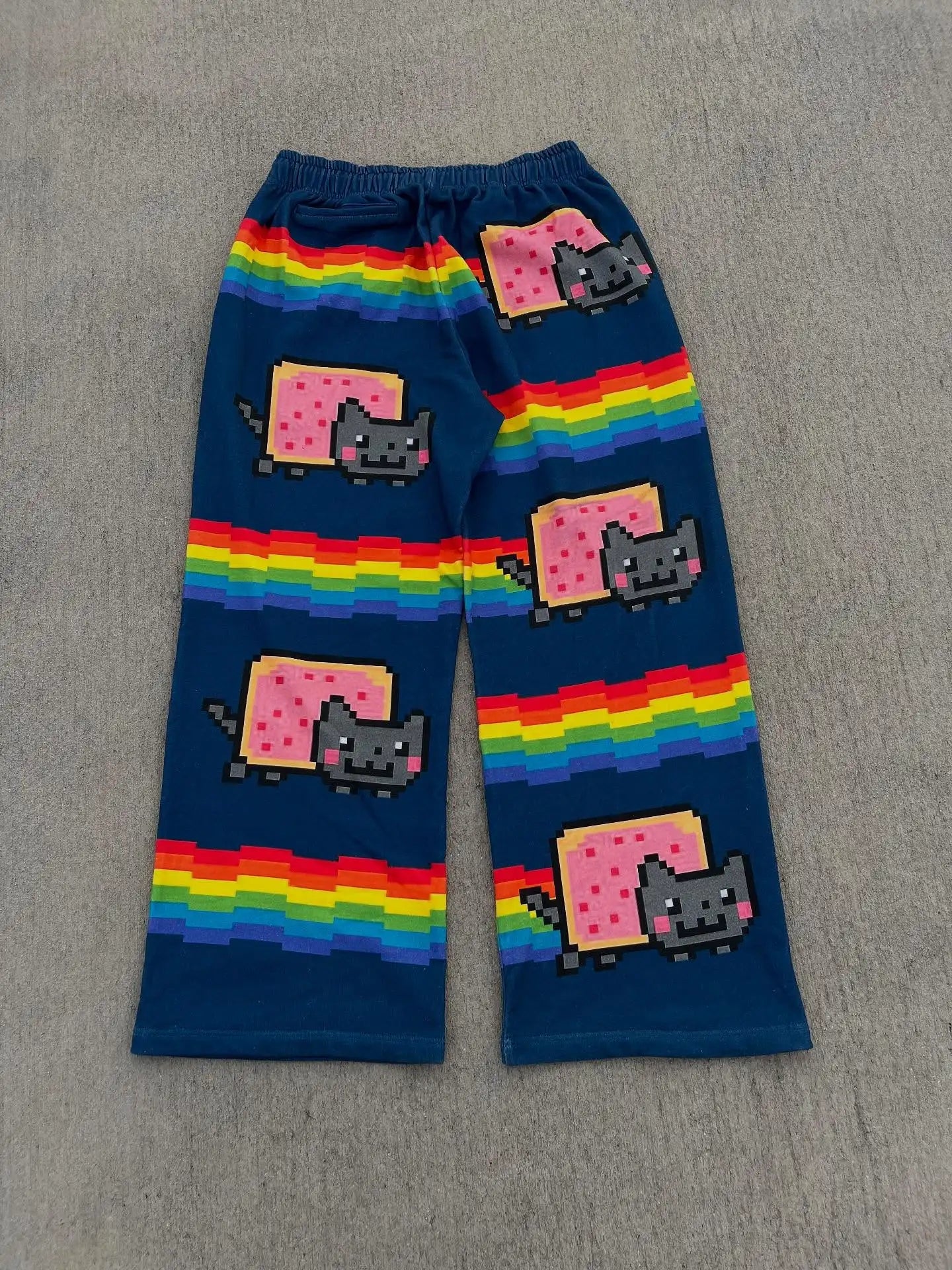 Rainbow Nyan Cat Pattern Y2K Loose and Versatile Wide Leg Pants American Street Dance Harajuku Style Elastic Men Jogging Pants