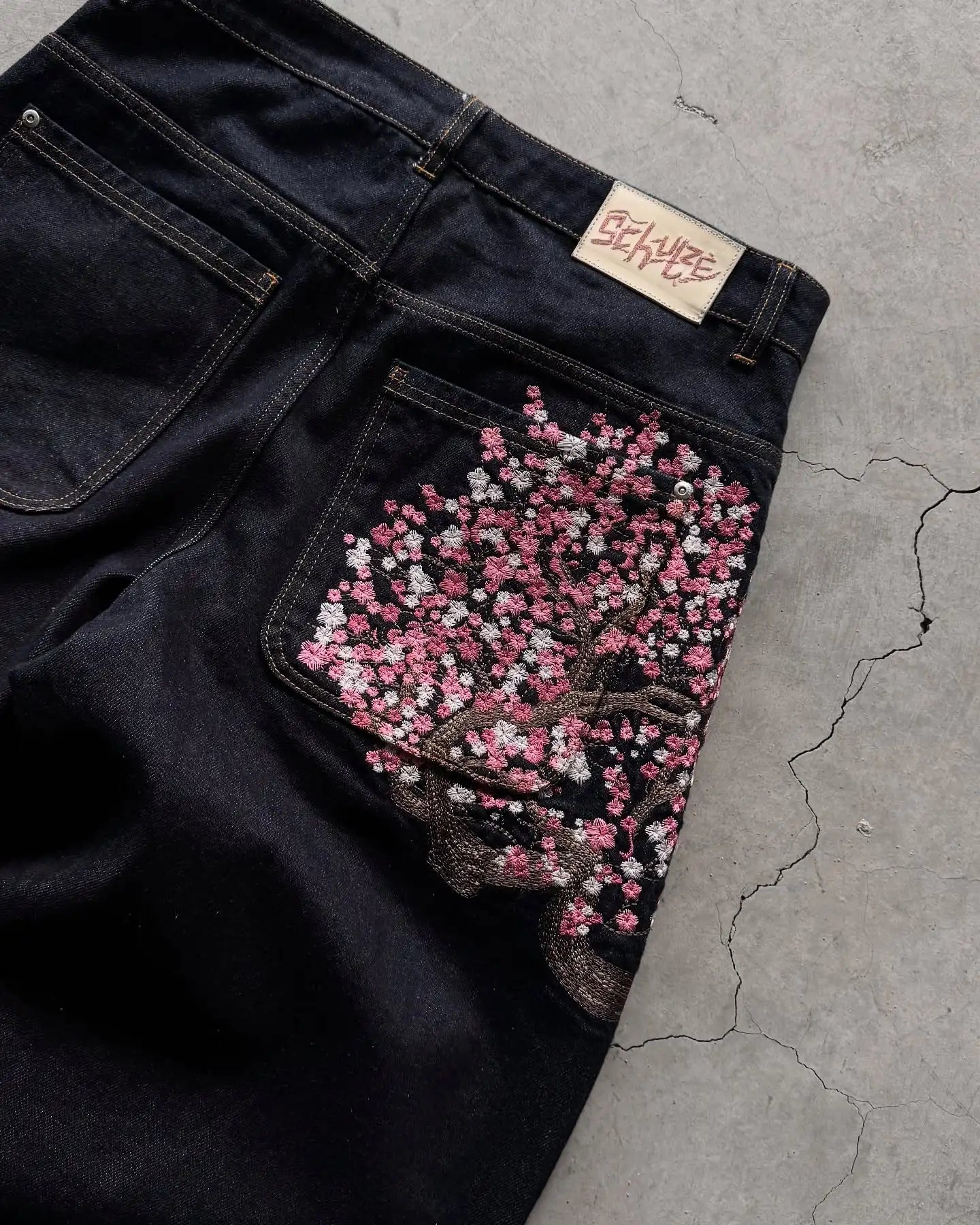 Fallen Knight Cherry Blossom Embroidery Denim Pants Y2k Vintage Women Baggy Straight Wide Leg Jeans Street Men Clothing Trousers