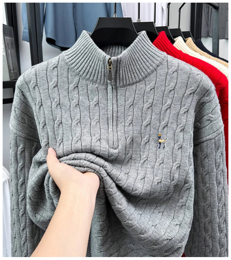 High end brand fashion jacquard sweater cartoon dog embroidery zipper semi high neck autumn winter warm men's knitted pullover