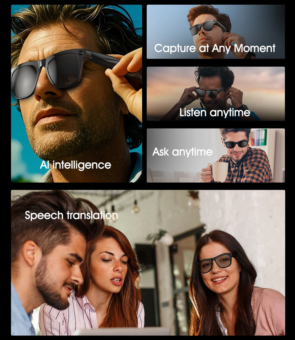 Smart Glasses 100W Camera Anti-shake Video Recording Music Control Photo Recognition Bluetooth Call Sports Sunglasses Waterproof