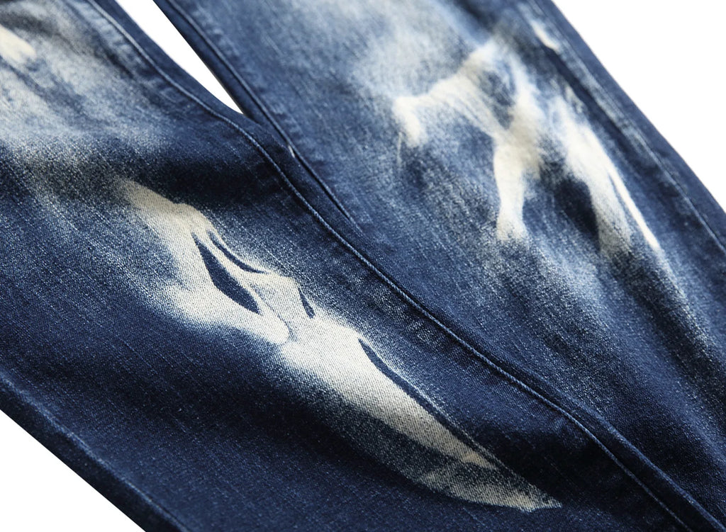 2026 Men's Blue 3D Printing Jeans, Black Wolf Pattern Printed Punk Straight Cotton Casual Print Denim Pants Asian Size 28-42