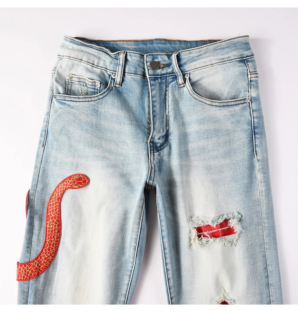 Men's Snake Embroidery Skinny Jeans Streetwear Red Leather Patch Pants Holes Ripped Distressed Denim Tapered Trousers