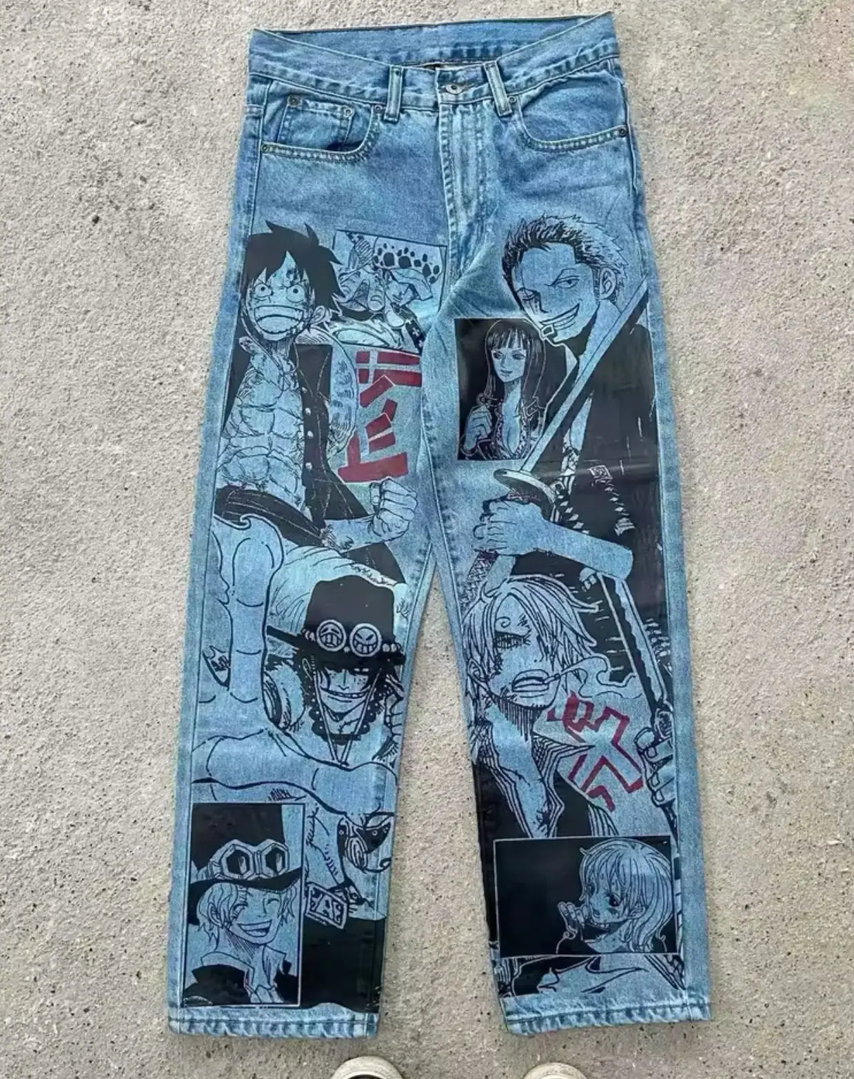 New Trend Printed Demon Slayer One Piece Jujutsu Kaisen Anime Characters Teen Loose Casual Jeans Japanese Retro Straight Jeans