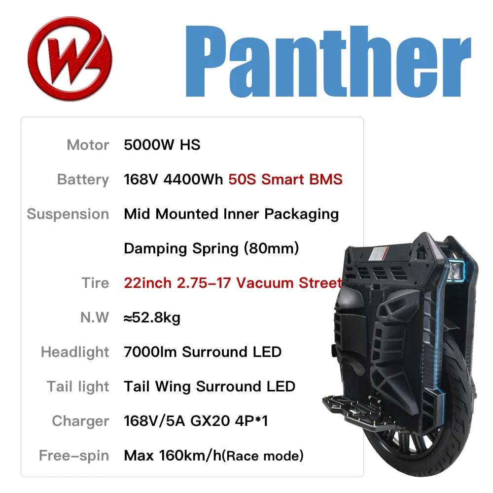 BEGODE Panther 168V 4400Wh 50S Smart BMS 5000W High Speed Motor 48 MOSFET Motherboard Double damping 22 inch Tire