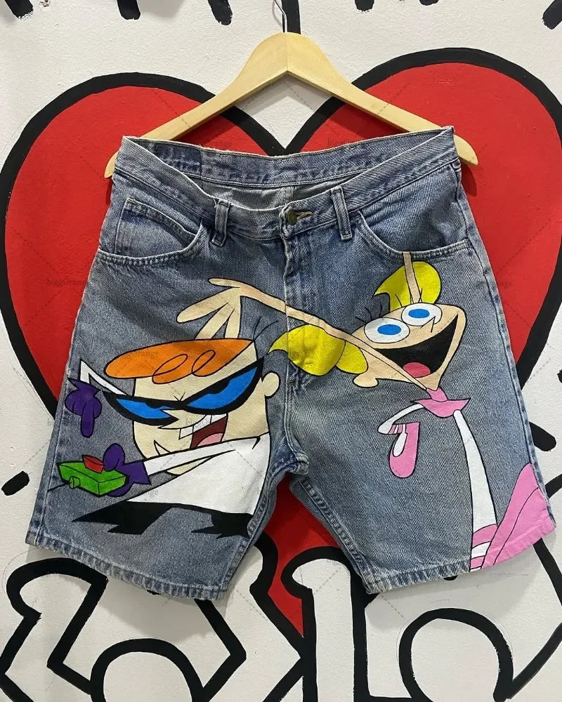 Retro American Trendy Streetwear Y2K Harajuku Anime Printed Denim Shorts Men Gothic Hip-hop Punk Loose Casual Straight Pants