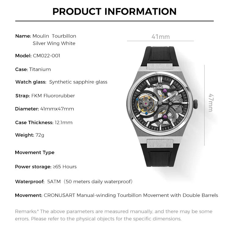 CRONUSART Men Tourbillon Watch 41mm Mechanical Wristwatch Titanium Case Sapphire Case Luminous FKM Strap Skeleton Dial