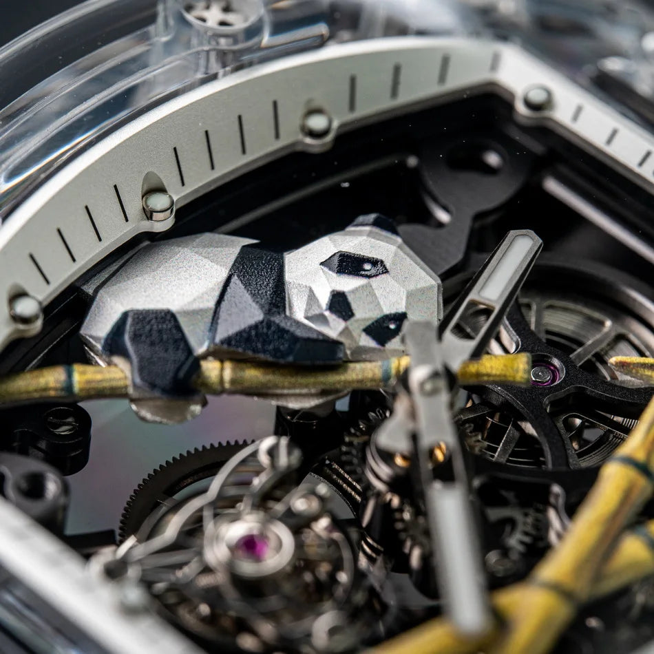 CRONUSART Men Tourbillon Watch 50mm*42mm Tonneau Sapphire Case Mechanical Wristwatch Fluororubber Strap Skeleton Panda Dial