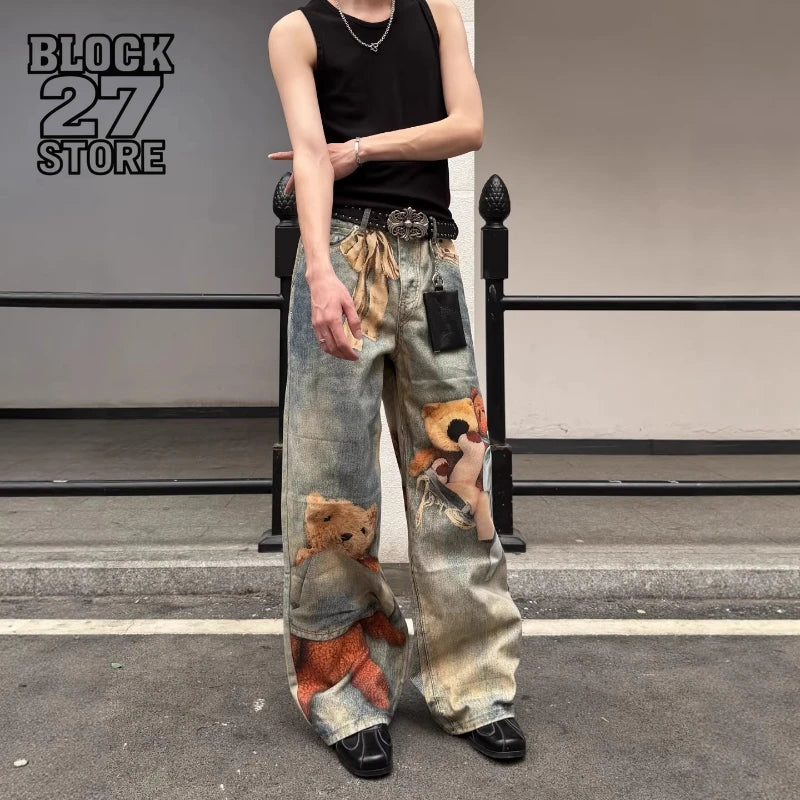 American Retro Vintage Washed Teddy Bear Graphic Printed Jeans Unisex Baggy Straight Y2K Streetwear Wide Leg Trousers Harajuku