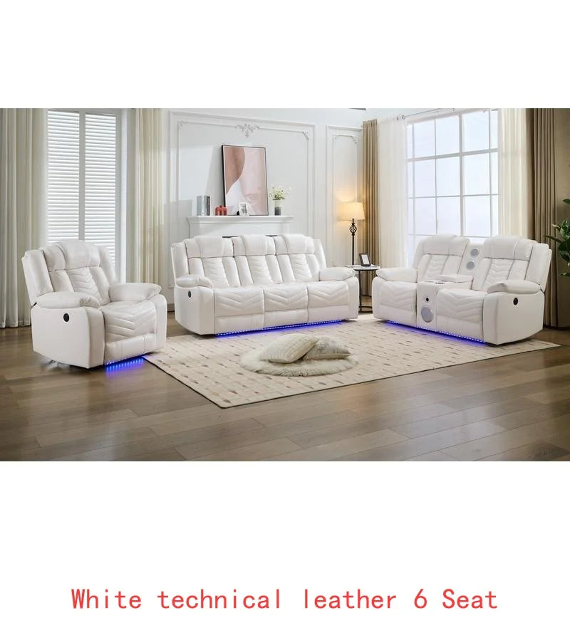 Power Reclining Sofa Set, 3-Piece Tech Leather Loveseat with Wireless Charger and LED Strip for Living Room, White Color