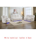 Power Reclining Sofa Set, 3-Piece Tech Leather Loveseat with Wireless Charger and LED Strip for Living Room, White Color