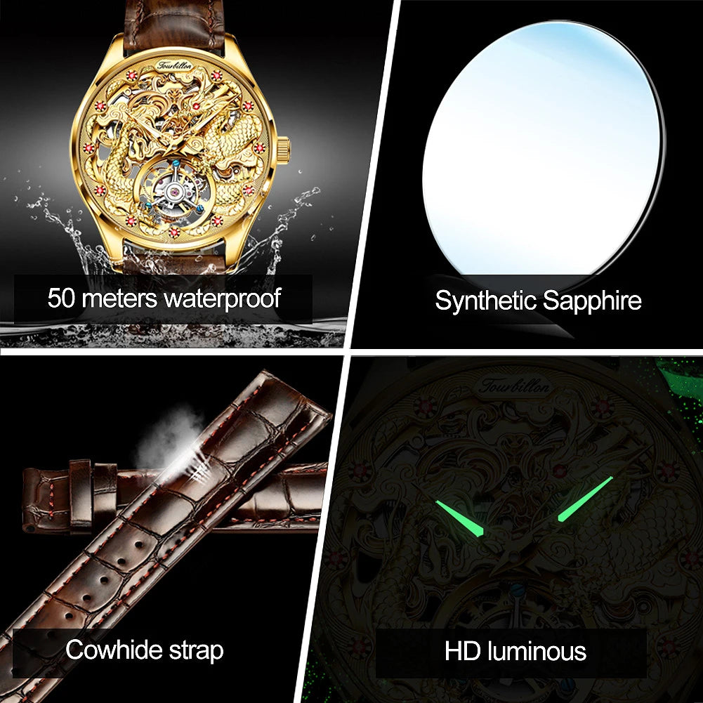 100% OUPNKE 3176 Authentic Tourbillon Men Watch Luxury 3D Relief Golden Dragon Watch Original Mature Automatic Mechanical Watch