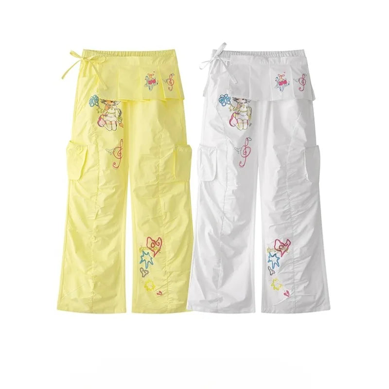 2025 Spring Summer New Retro Cartoon Anime Print Women's Trousers Original Design Loose Slimming Straight Casual Pants Ladies