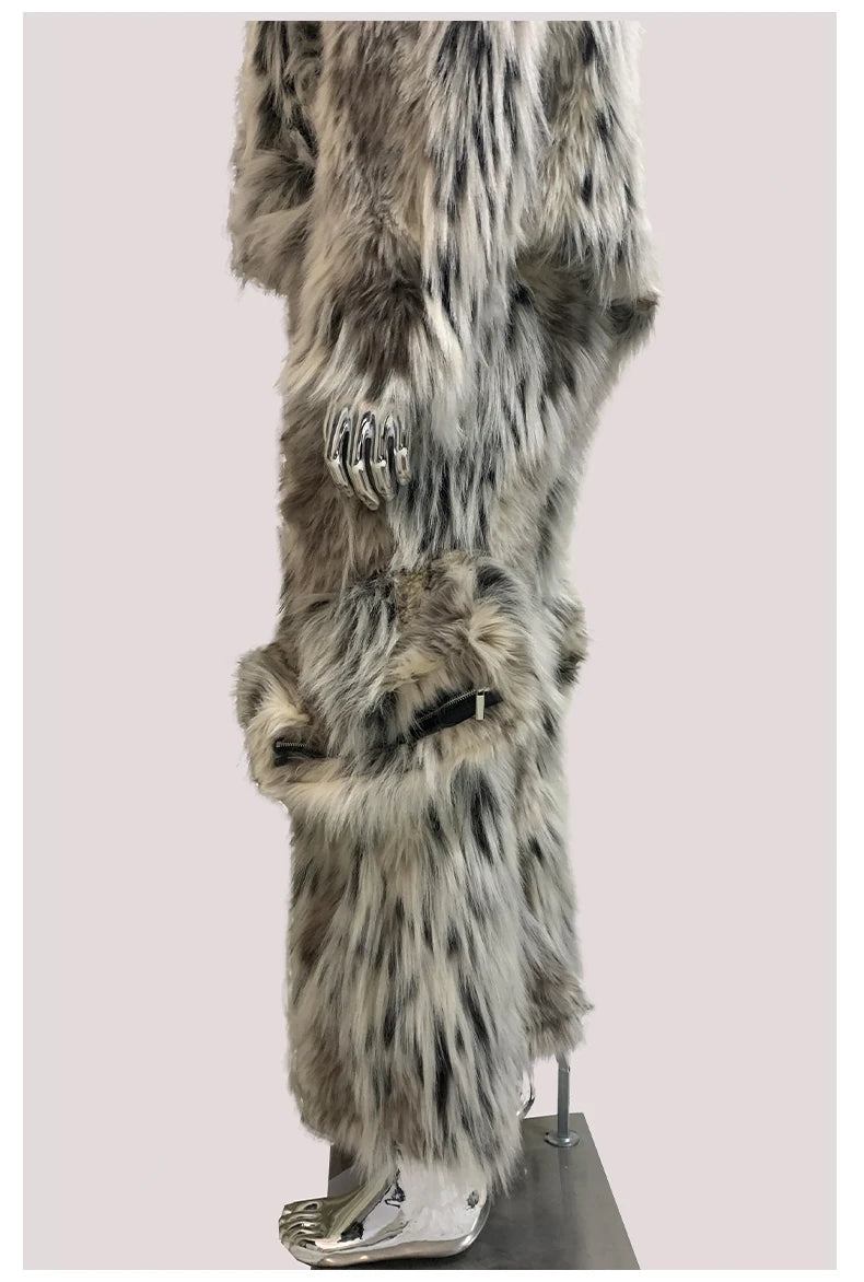 Mauroicardi Winter Long Colorful Multicolored Thick Warm Hairy Fluffy Faux Fur Wide Leg Pants Men Runway Fashion Streetwear 2025