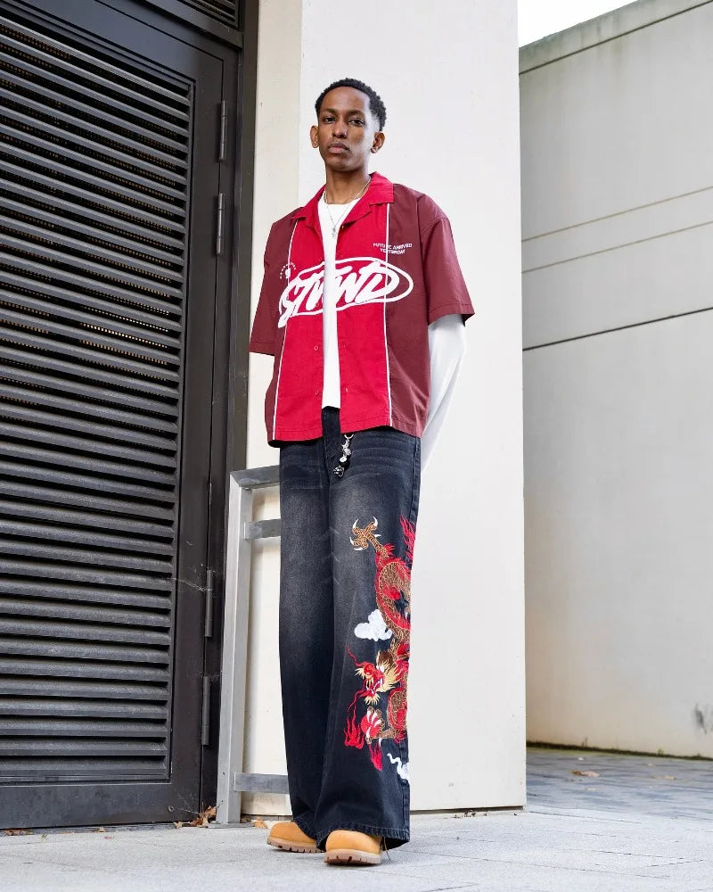 Y2K baggy Jeans Dragon Graffiti Embroidery High Waist Men Women Vintage Streetwear 2000s Harajuku Casual Loose Wide Leg Jeans