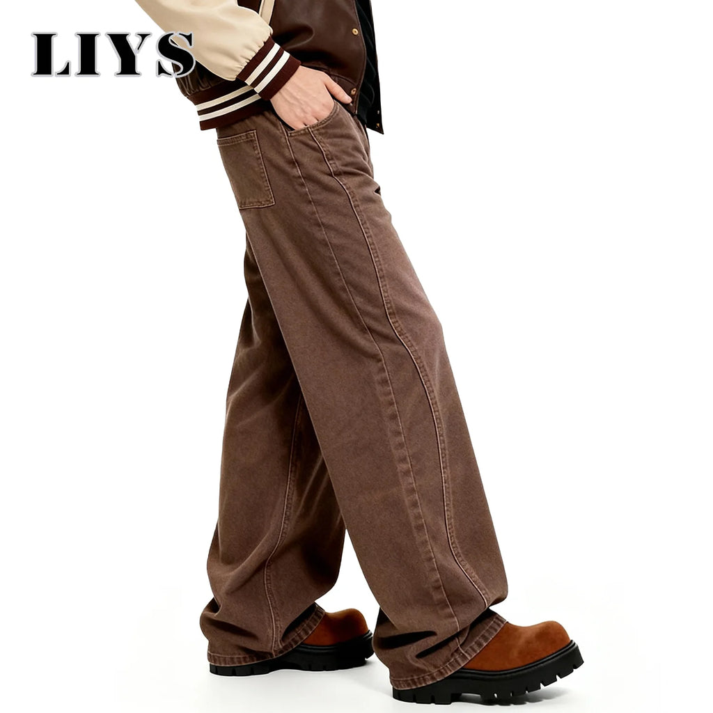 American Retro Men's Brown Casual Baggy Wide Leg Jeans Korean Cartoon Elephant Embroidery Loose Wide Leg Denim Pants Unisex