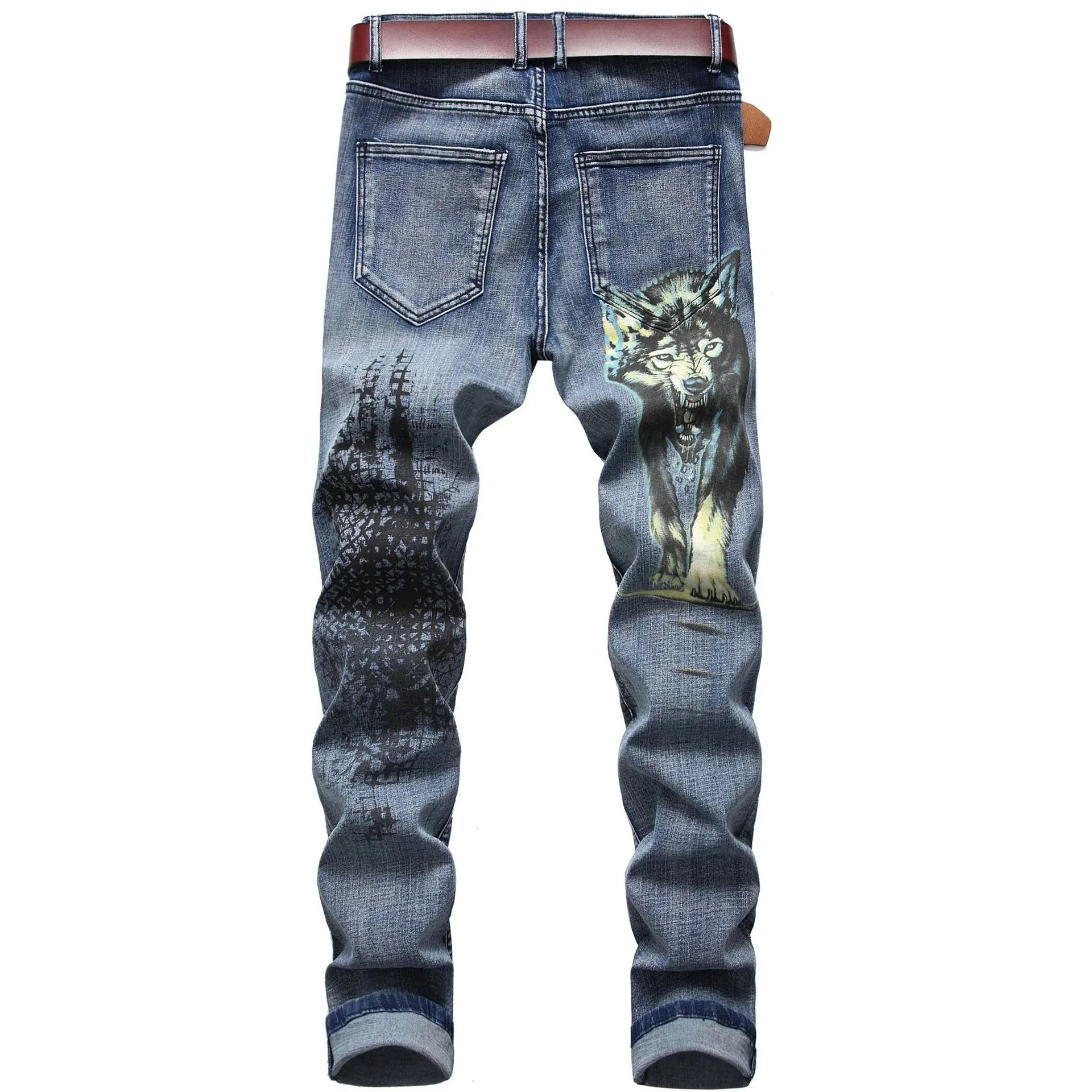 2026 Men's Blue 3D Printing Jeans, Black Wolf Pattern Printed Punk Straight Cotton Casual Print Denim Pants Asian Size 28-42