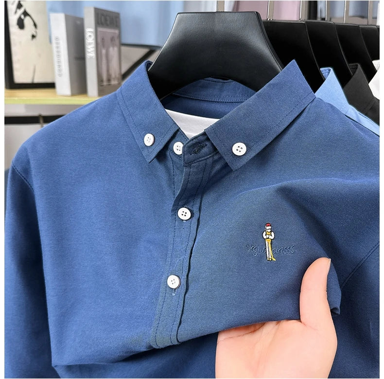 High end brand men's long sleeve shirt fashion cartoon embroidery comfort silk cotton solid color luxury golf casual lapel top
