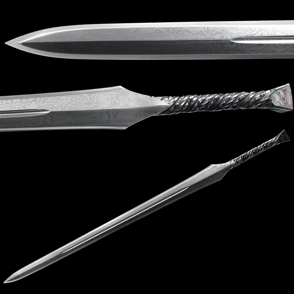 medieval Viking era samurai sword and a folded Damascus steel one-piece sword are ready for battle, handcrafted sharp weapons