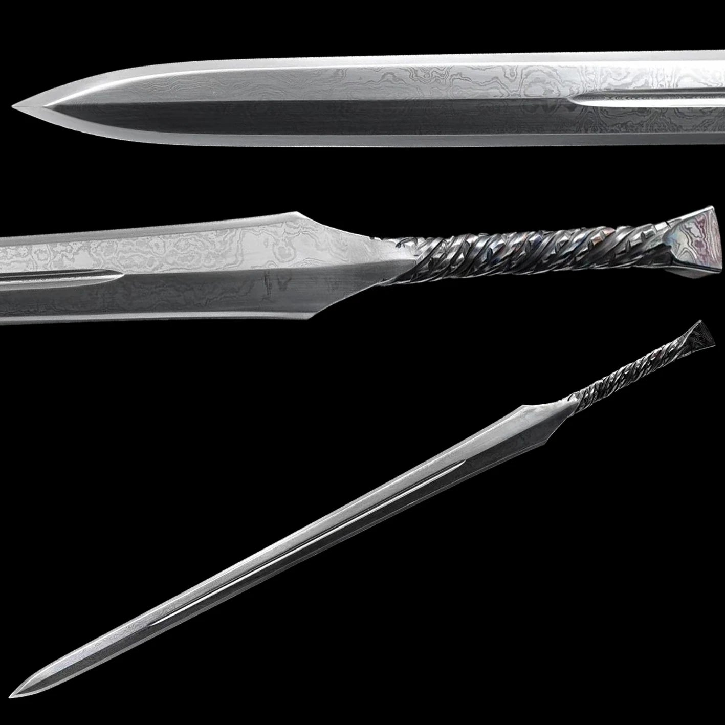 medieval Viking era samurai sword and a folded Damascus steel one-piece sword are ready for battle, handcrafted sharp weapons