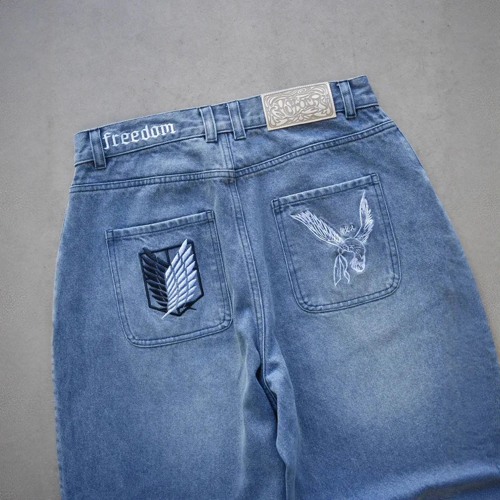 Y2K Japanese AOT Freedom Wings Embroidery Jeans Men Women Wide Leg High Waist Denim Pants Wings of Liberty Patch Blue Black Jean