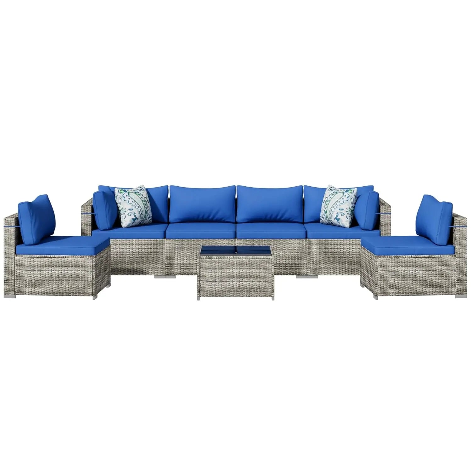 7 Piece Patio Furniture Set, Outdoor Wicker Patio Sofa Set, PE Rattan Sectional Couch with Glass Table and Blue, Customized