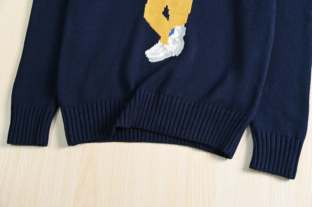 Couples Knitted Cotton Sweater Long Sleeve round Neck Thick Needlework Cartoon Bear Design Casual Youthful Style Cotton Knitwear