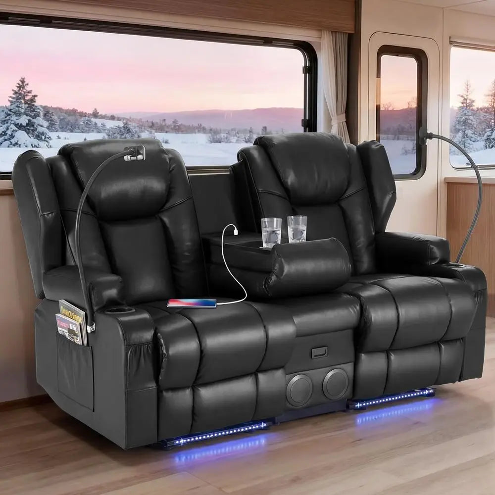 Power Loveseat Recliner Sofa with Console, PU Leather Dual Reclining Couch with Blue LED Lights, Bluetooth Speakers, USB Ports,