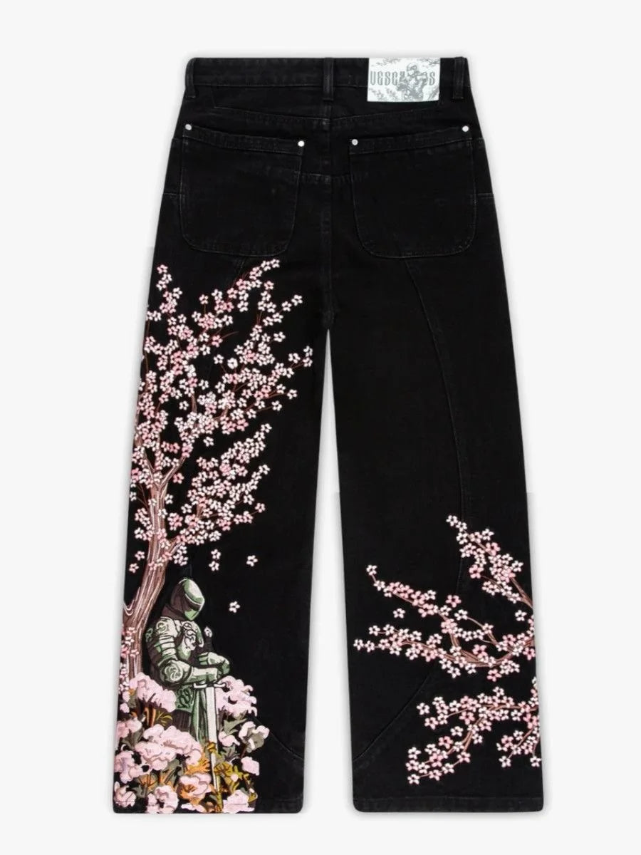 New Retro Black Denim Wide Leg Pants Mens and Womens Gold Dragon Embroidered Y2K Street Hip Hop Oversized Loose Trendy Jeans