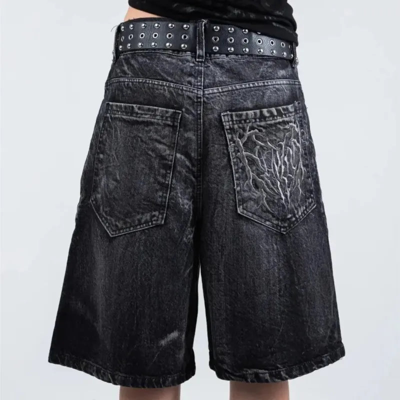 Goth Retro Men Baggy Unisex Short Pants Y2K Phantom Jeans High Street Spider Embroidered Patch Hip Hop Streetwear Straight Jeans