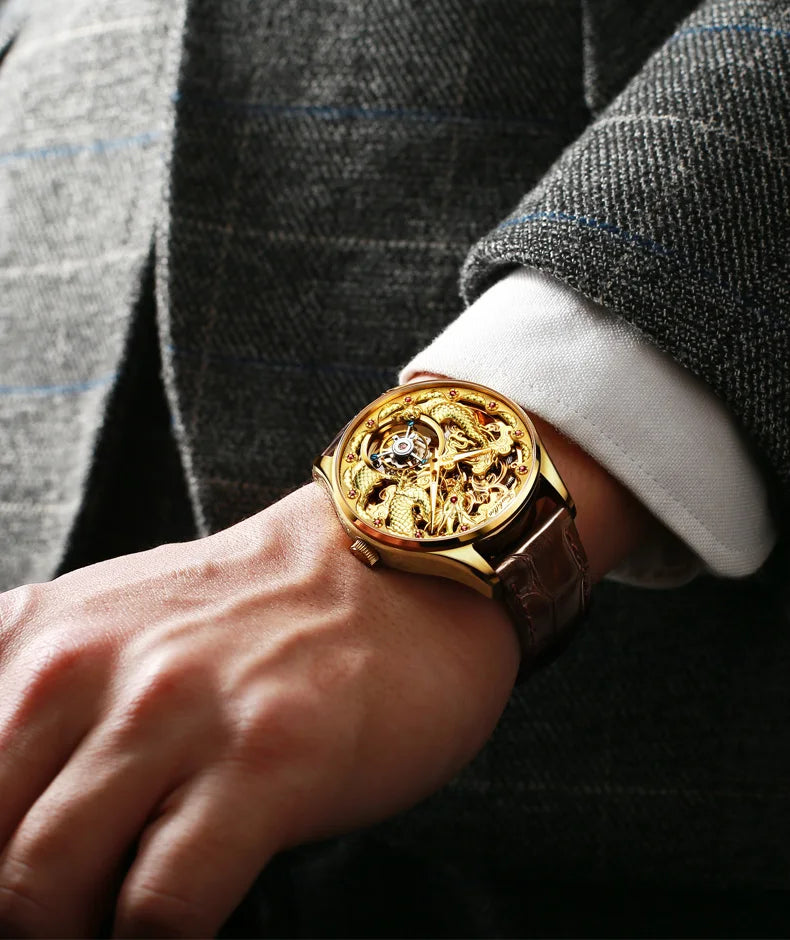 100% OUPNKE 3176 Authentic Tourbillon Men Watch Luxury 3D Relief Golden Dragon Watch Original Mature Automatic Mechanical Watch